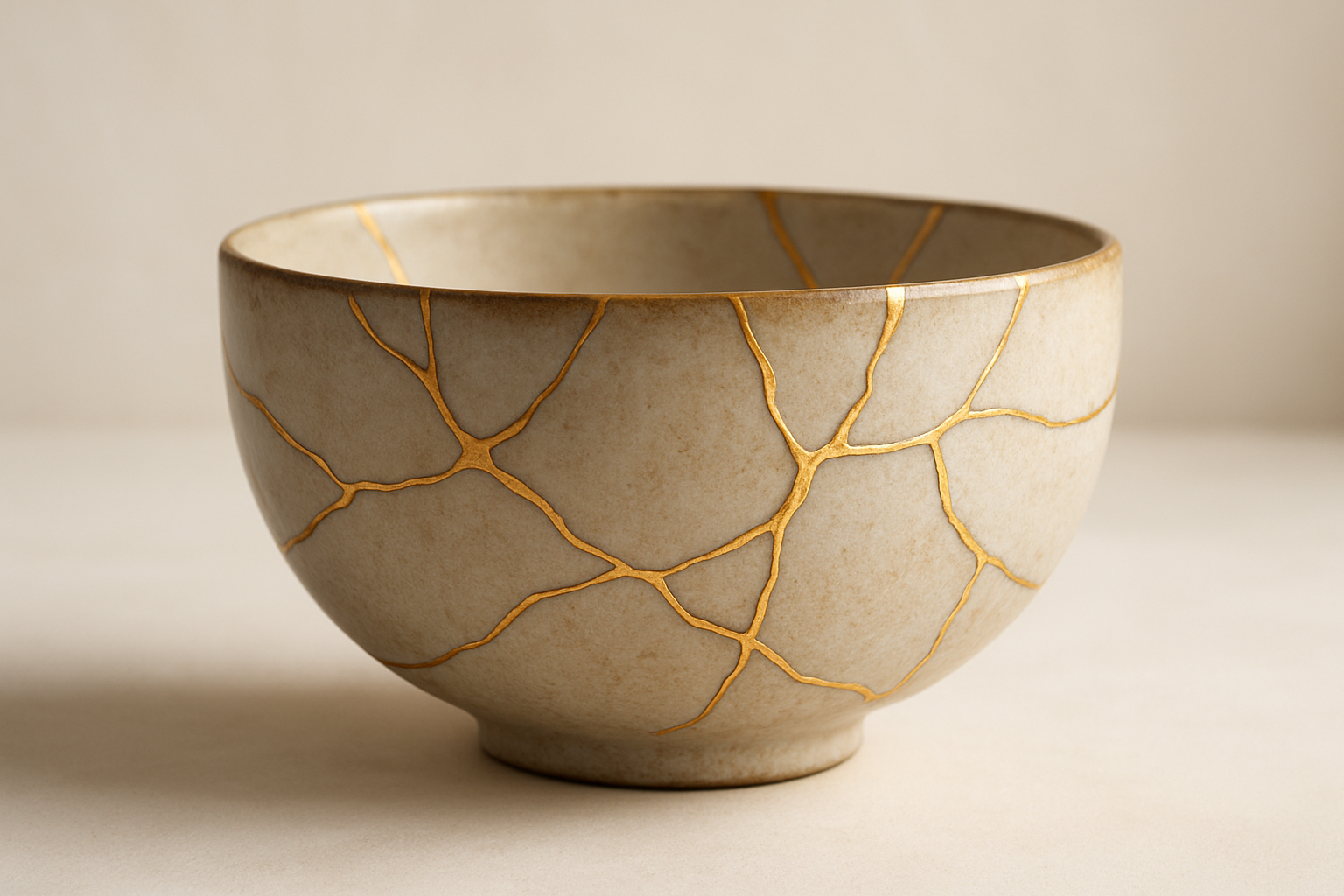 A kintsugi-repaired vessel, gold seams tracing the original cracks
